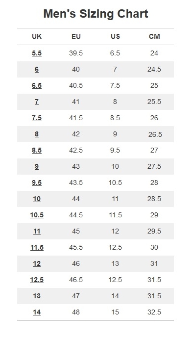 men sneaker size chart